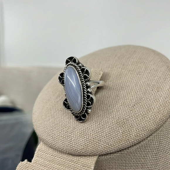 💍 Vintage CII Mexico Sterling Silver Blue Lace Agate Ring - Size 7, 10.5g - Picture 4 of 15